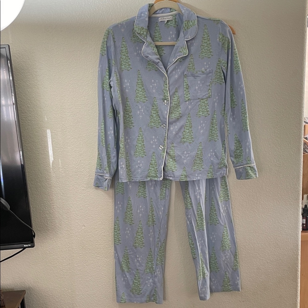 PJ Salvage Light Blue Pj Set Christmas Green Tree cotton blend cozy S